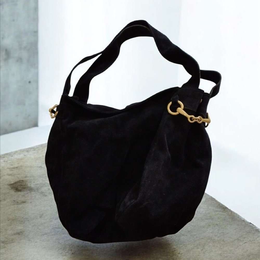 Vintage Black Suede Hobo Bag Gold Hardware Slouchy Shoulder Purse Minimalist Boh